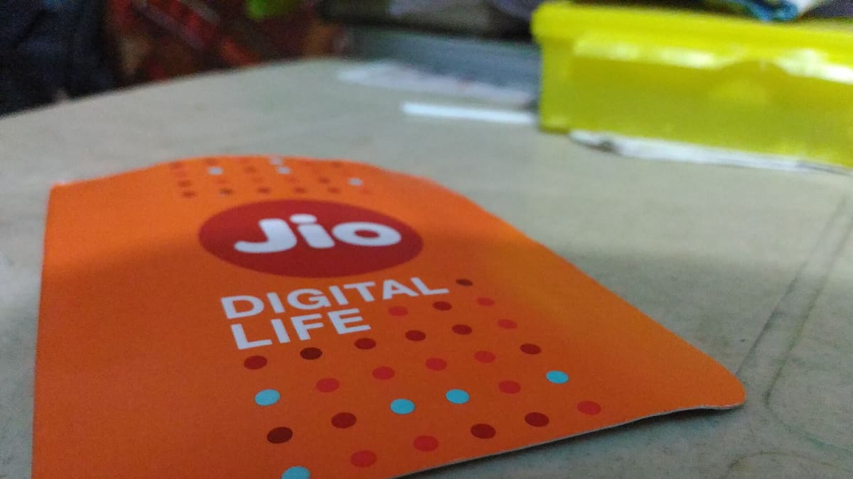 A Jio SIM card in its orange 'Digital Life' sleeve